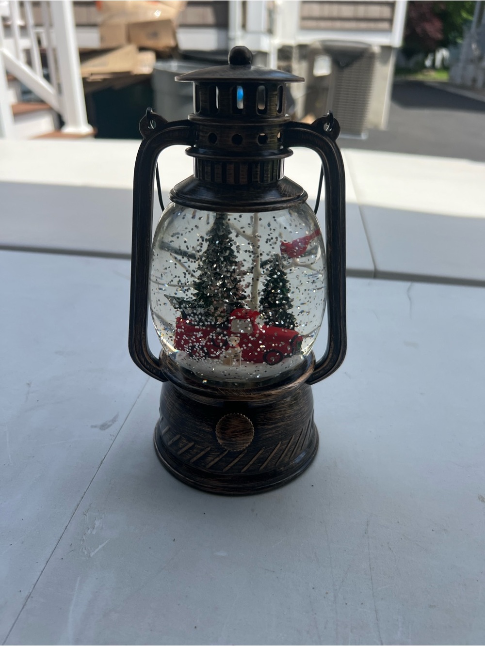 Red Truck and Cardinals Christmas Snow Globe Lantern